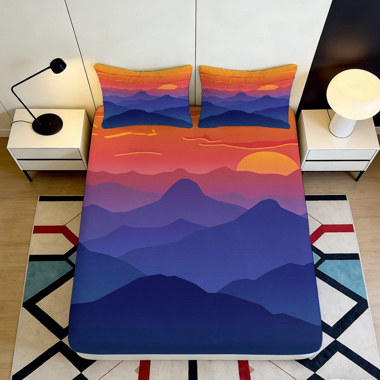 3D Printed Sunset Mountain Fitted Sheet Microfiber Soft Breathable Sunrise Landscape Mattress Cover for Bedroom Guest Room Decor 90x200x25cm