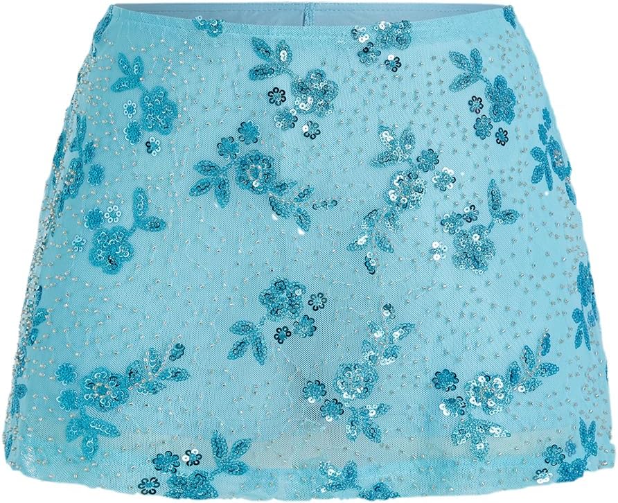 Women's Sequin Skirt Sparkly Low Rise Mini Skort Y2K Beaded Rhinestone Skirt Summer