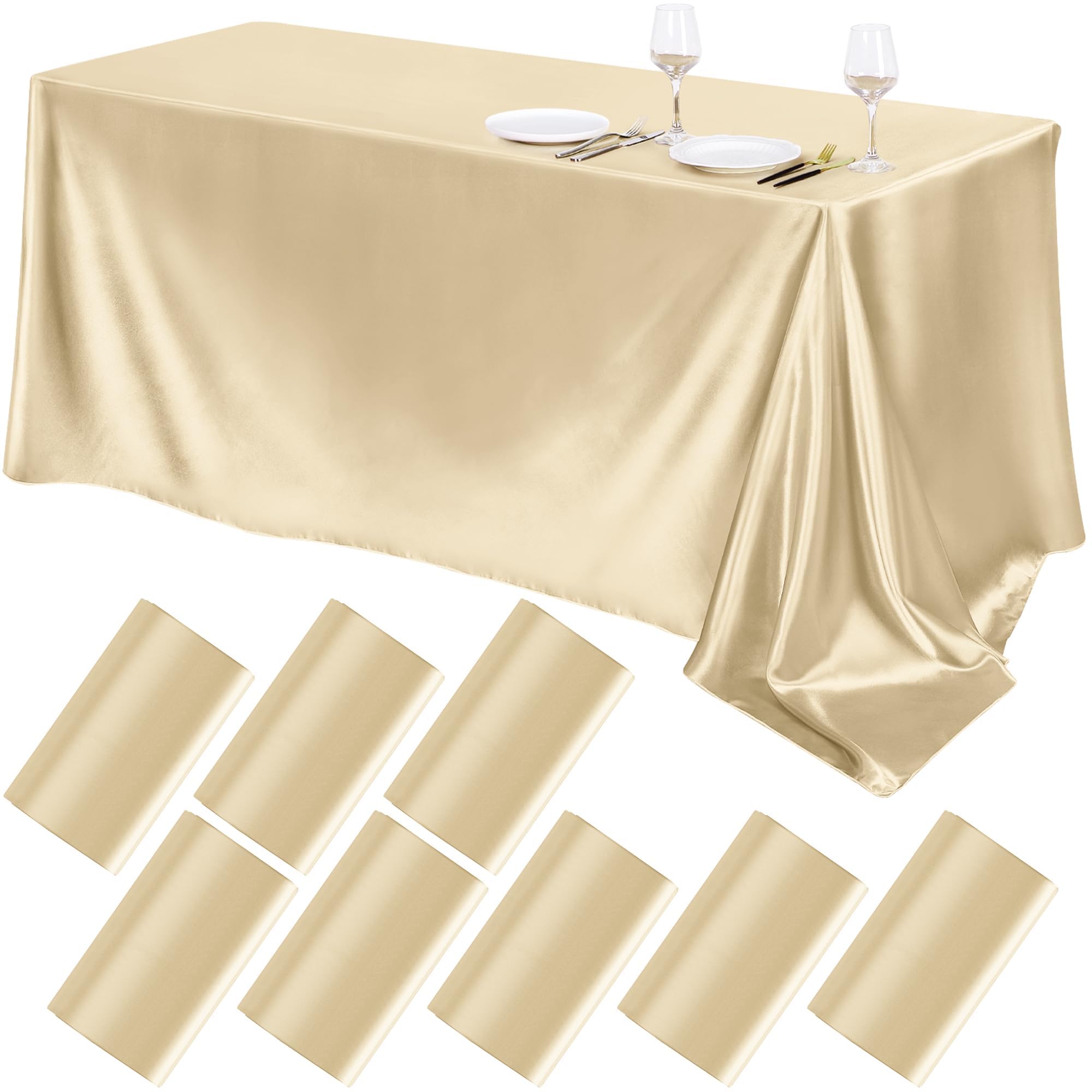 TURSTIN Confezione da 8 tovaglie in raso color champagne, 260 x 147 cm, sovrapposizione, rettangolari, in seta brillante, tessuto liscio, decorazione da tavolo, per matrimoni, banchetti, feste, eventi