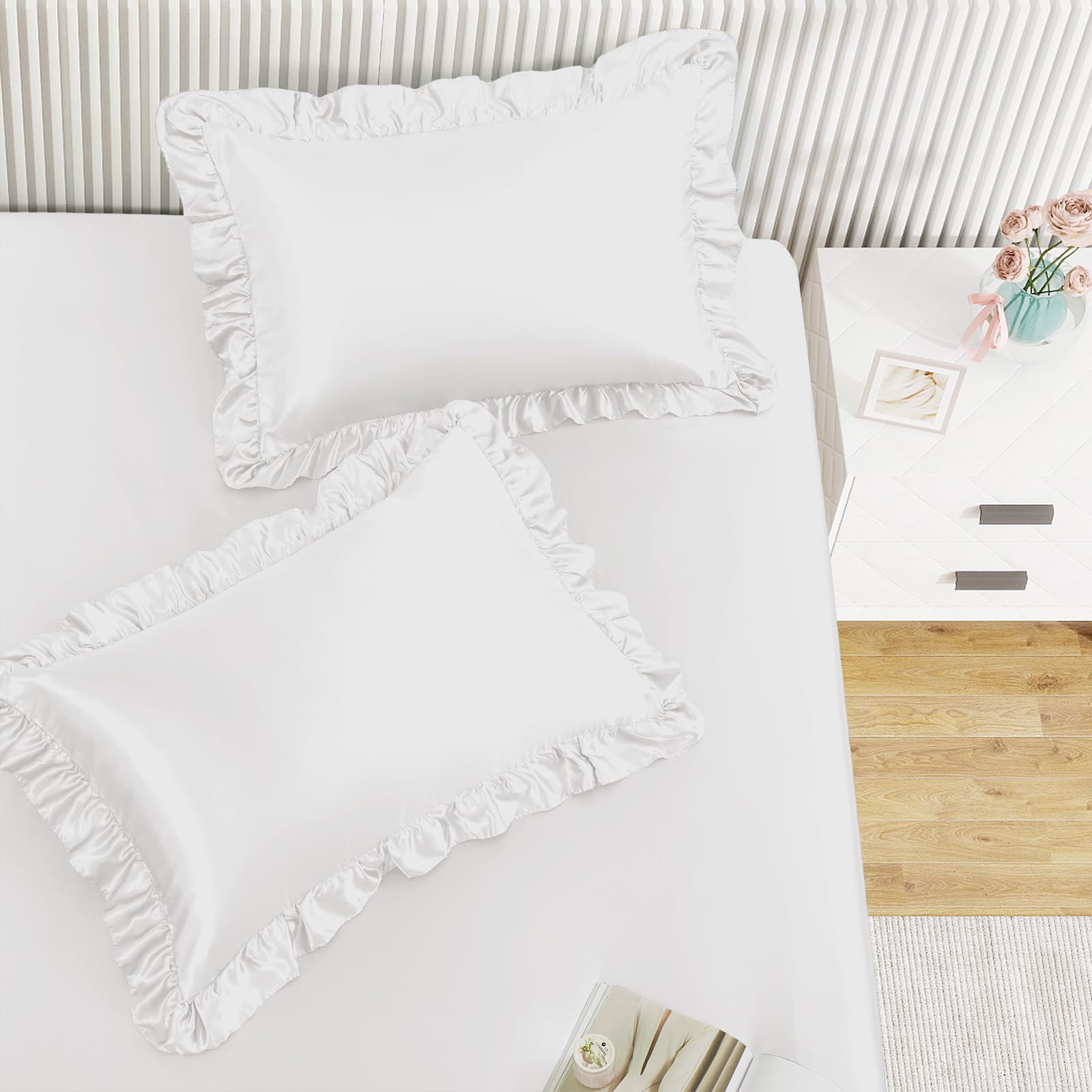 Homiest 3-Pieces Ruffle Pillow Case &amp; Satin Fitted Sheet Set, White Full Satin Sheets with 2 Ruffled Pillow Shams, 15 Inch Deep Pocket, Cute &amp; Coquette Silk-Like Bed Set for Decorating Bedroom