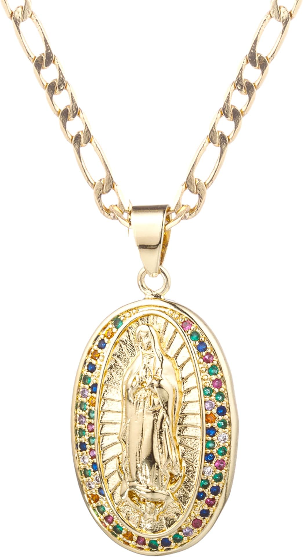 yipima 14K Gold Plated Guadalupe Virgin Mary Pendant Necklace for Women Men Two-layer White Color Zircon Inlay Oval Virgin Mary 3mm Flat Figaro Chain Necklace 18/22 inches