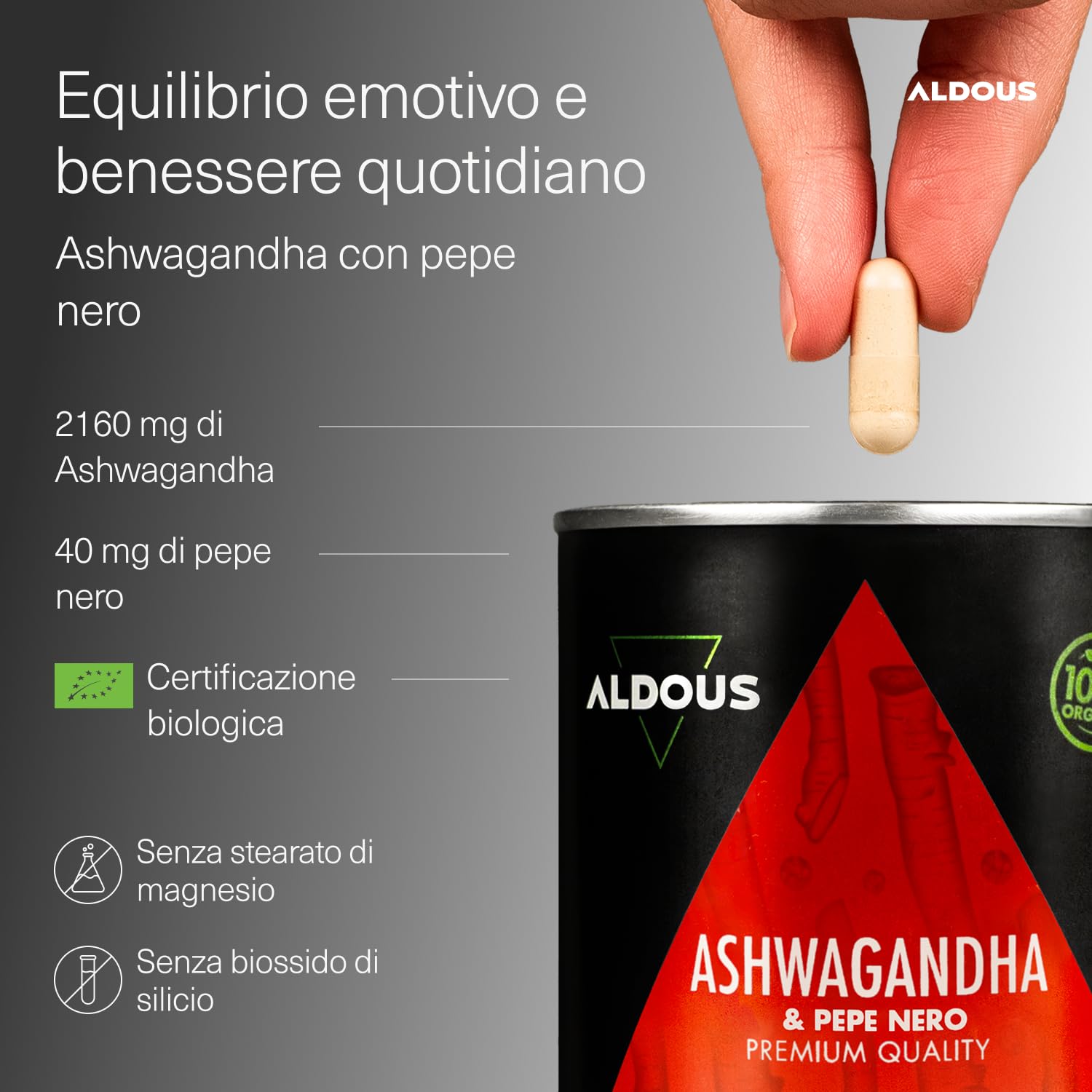 Ashwagandha Bio 2160 mg - 250 Capsule Vegetali - Radice di Ashwagandha con Pepe Nero - Ashwagandha Alto Dosaggio - Withania Somnifera - Ginseng Indiano - Cortisolo - Integratore Ansia e Stress-ALDOUS