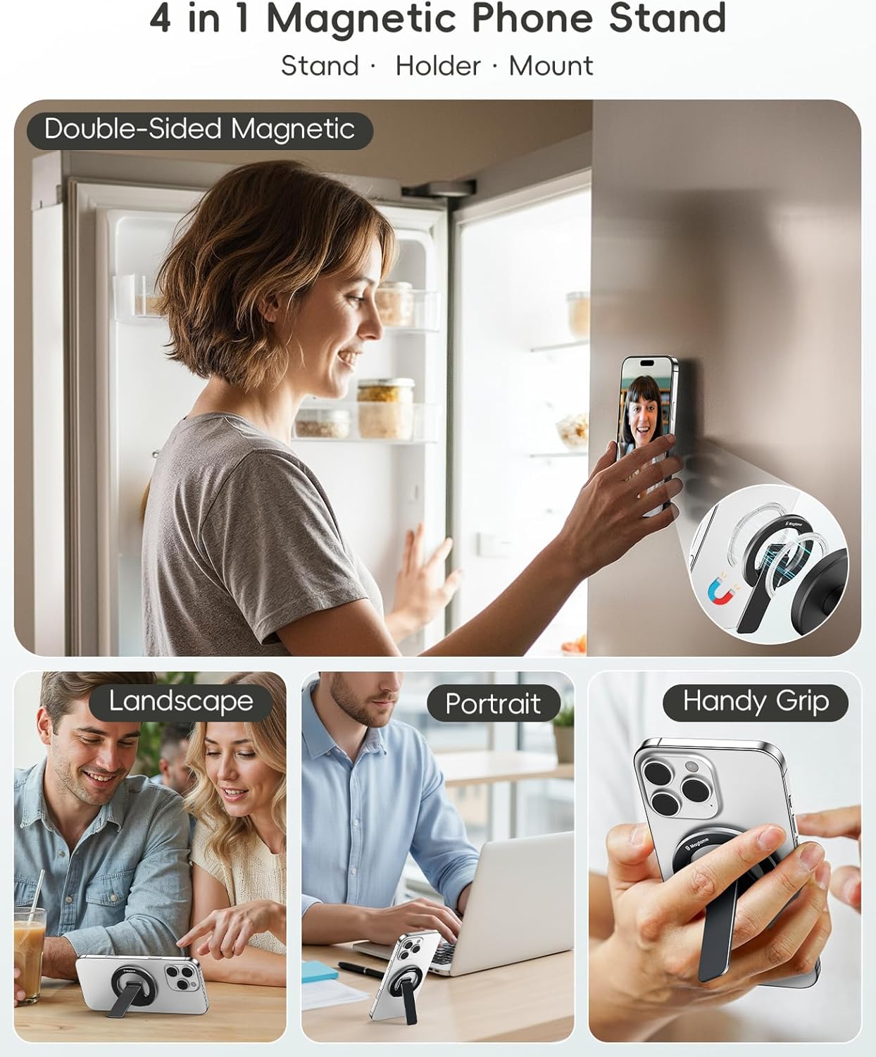 Magtame Double-Sided Magnetic Phone Stand Grip, Strong Magnetic Kickstand Desk Holder for Mag&Safe and Smartphone, Foldable Adjustable Design, Black - Image 2