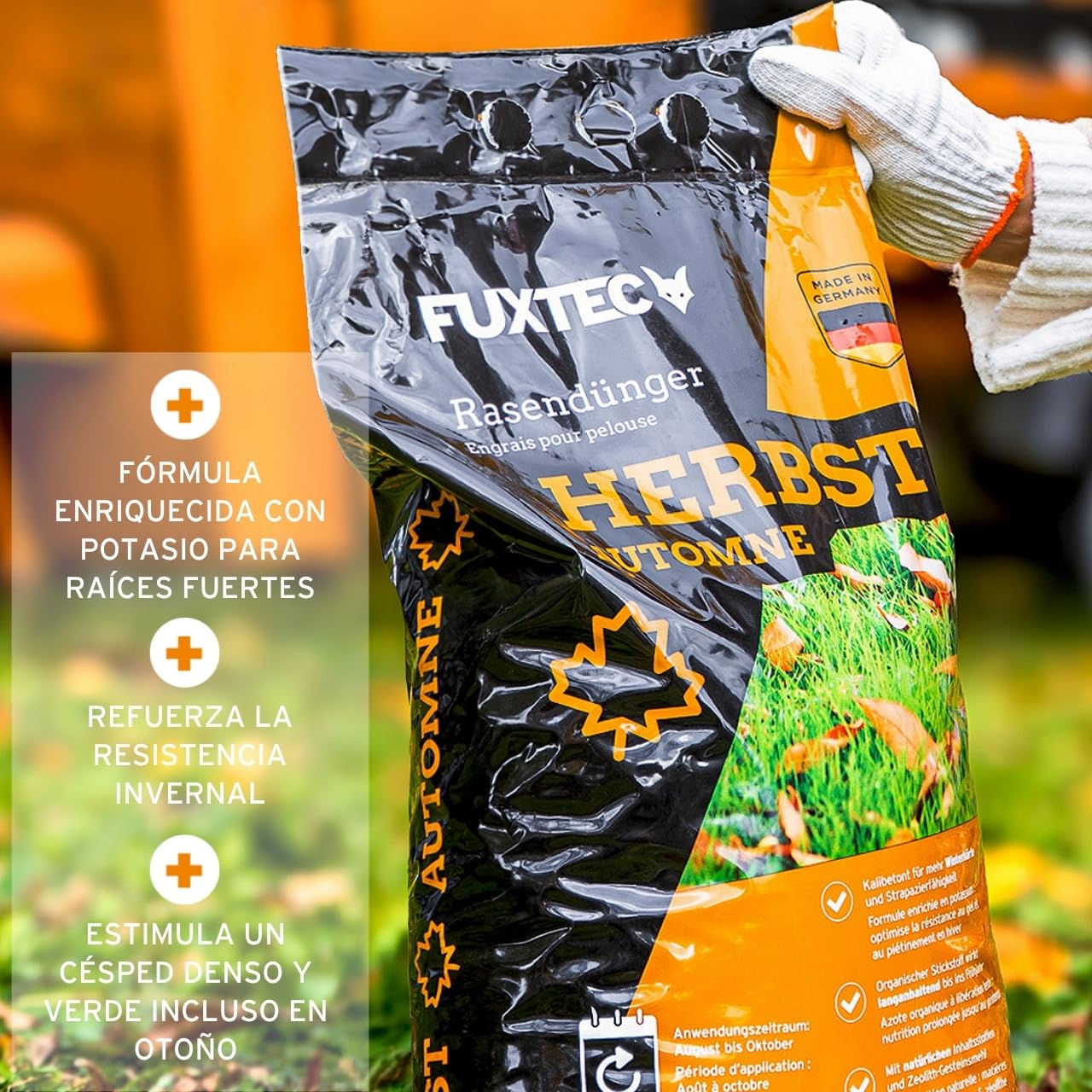 FUXTEC Abono césped alto en potasio FX-RDH20 • 20 kg hasta 500 m² • Ideal para otoño e invierno • Refuerza contra heladas • Liberación controlada • Fabricado en Alemania