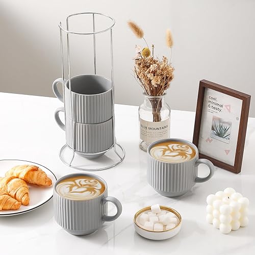 Vista 37 de Hasense Juego de 4 tazas de café de cerámica con soporte, 15 onzas, apilables, grandes, de porcelana, acanaladas, para capuchino, té, cacao