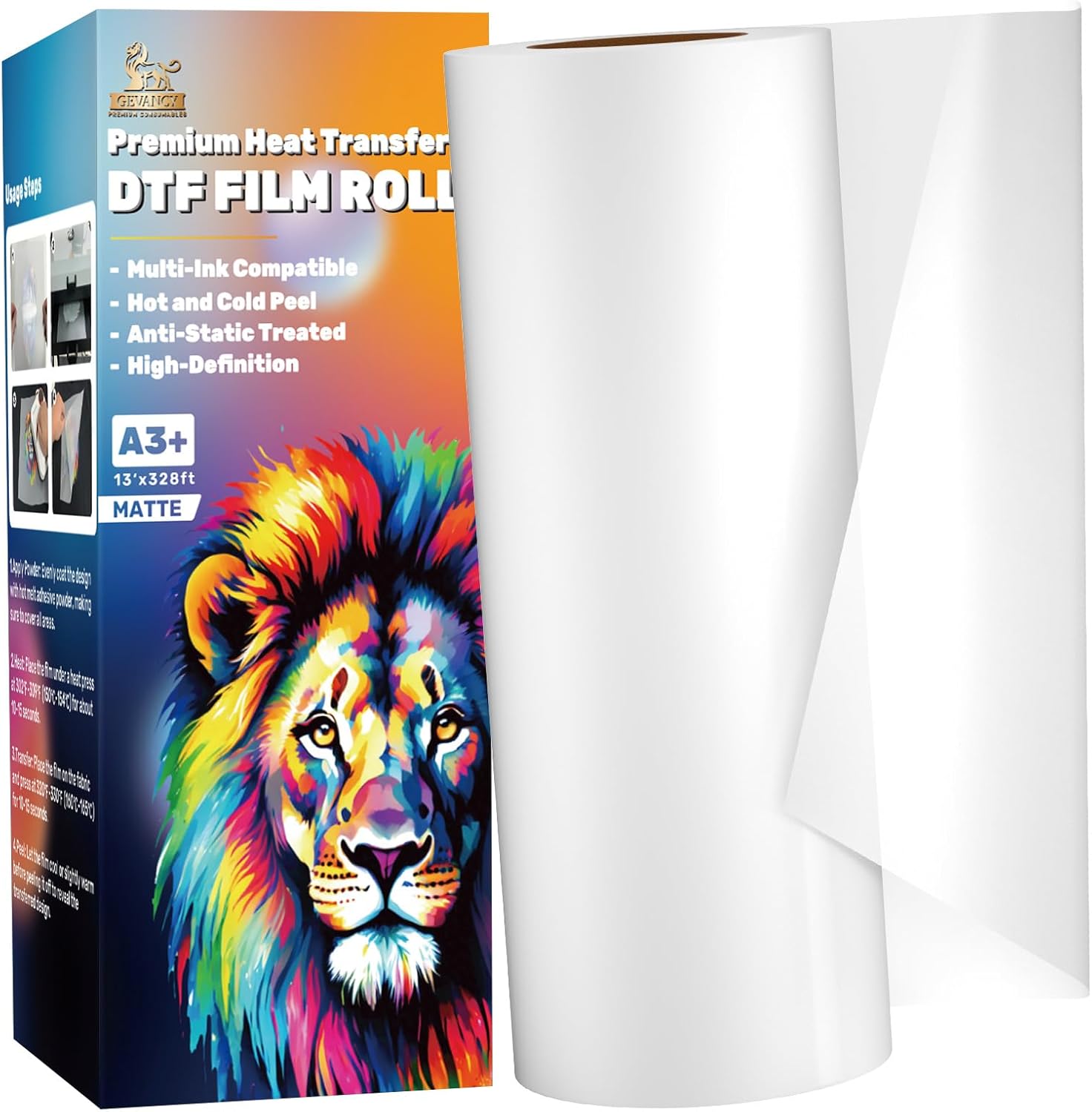 DTF Transfer Film Roll 13 inch × 328ft, Premium A3+ PET Film, Matte, Cold & Hot Peel Compatible, Double Sided Coated DTF Film for A3 DTF Printer, R1390, M1630, XP600, L1800(13in*328ft Matte)