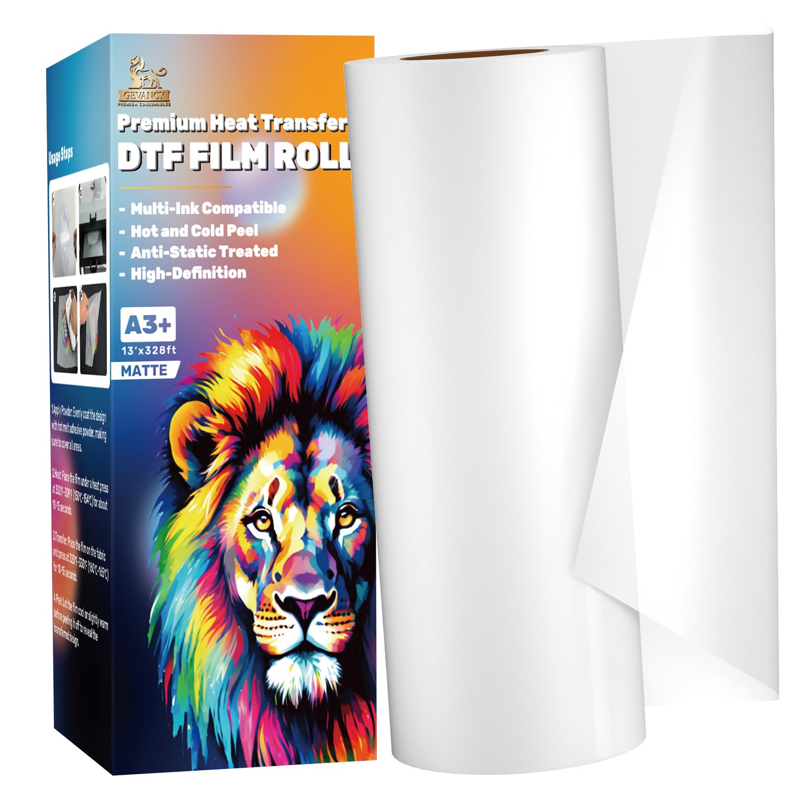 GEVANCY DTF Transfer Film Roll 13 inch × 328ft, A3+ PET film, Matte, Cold & Hot Peel Compatible, Double Sided Coated DTF Film for A3 DTF Printer,