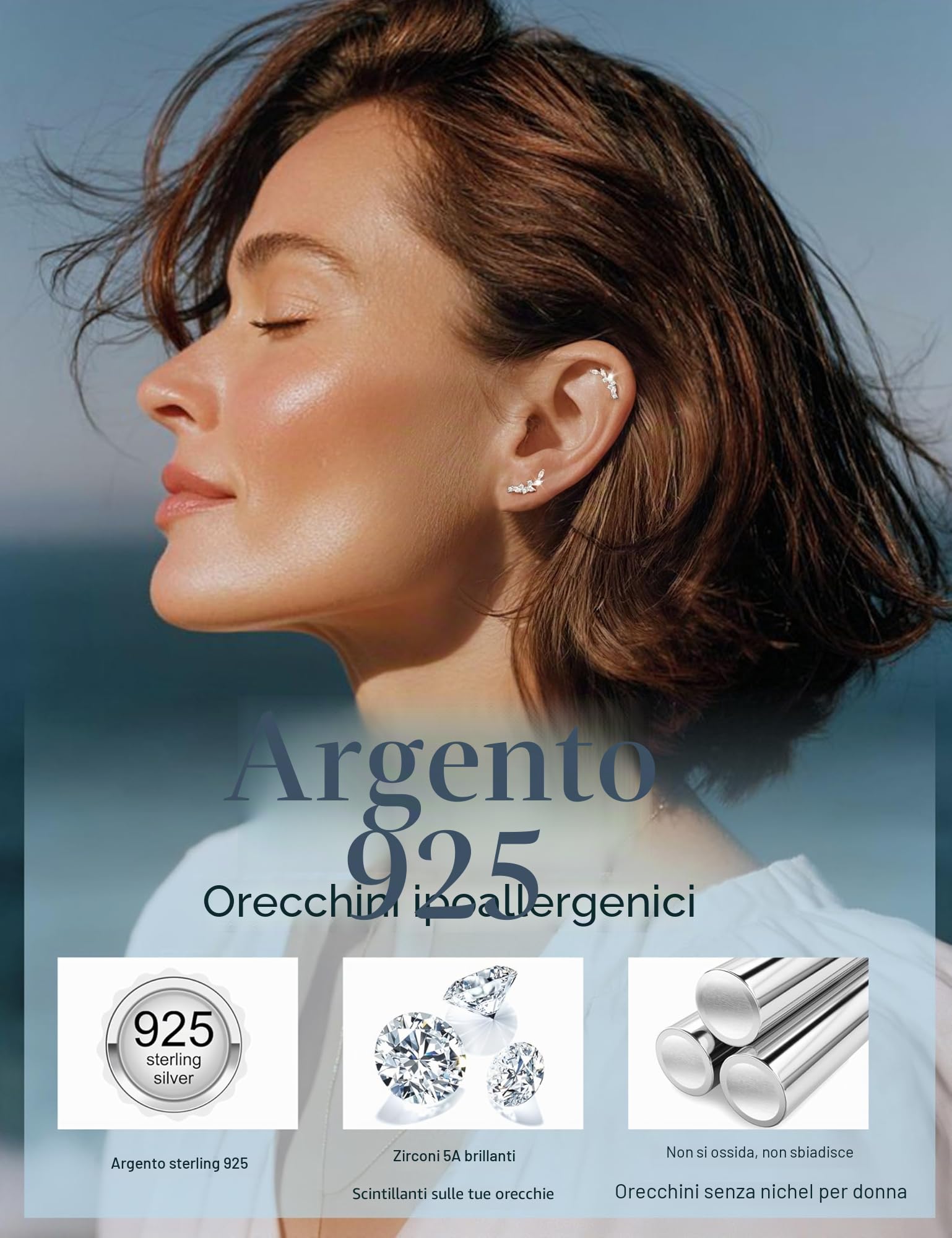 Adramata Orecchini Argento 925 Donna Orecchino a Bottone Anallergici Brillanti Piercing Orecchio Cartilagine Piercing Trago Helix Piercings Orecchini Donna Argento/Or
