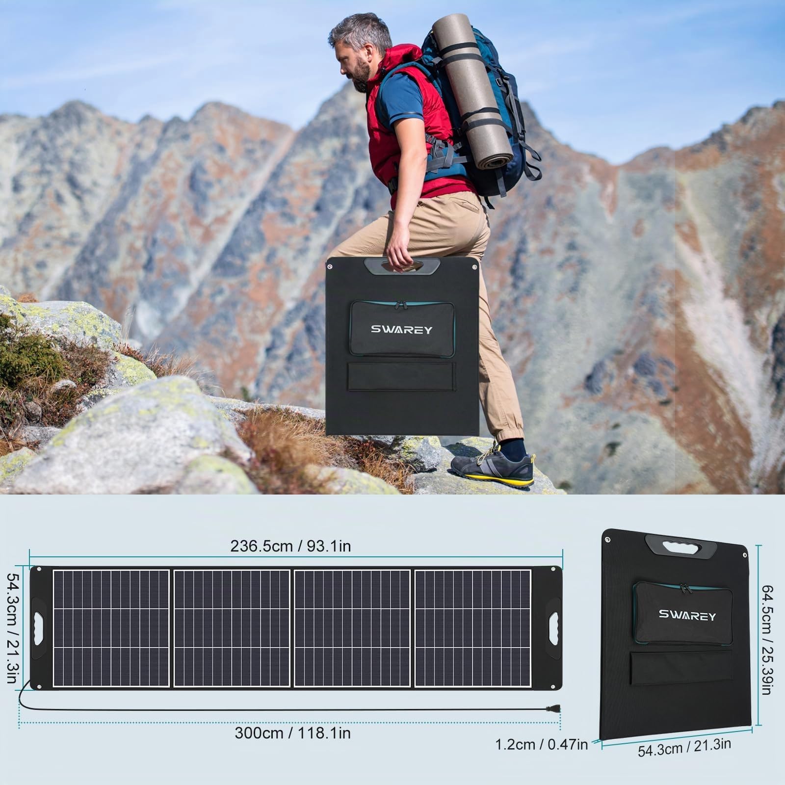 Panel Solar 200W, Placa Solar Portátil Monocristalino con USB-C 18W, Adaptadores XT60 Anderson DC5521, Soportes Ajustables para Estación de Energía Exteriores Camping RV