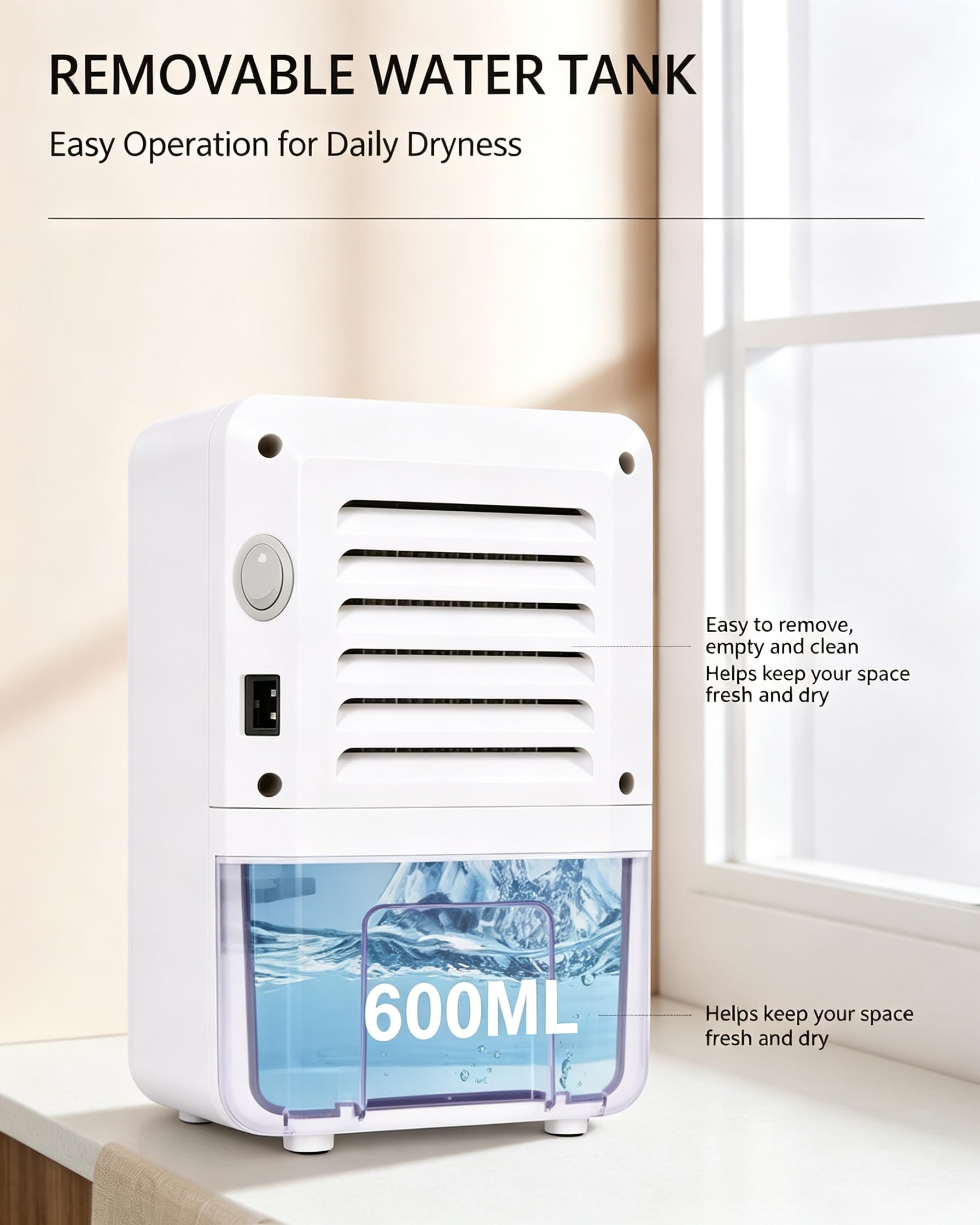 Déshumidificateur portable 28W, réservoir d'eau amovible de 600ML