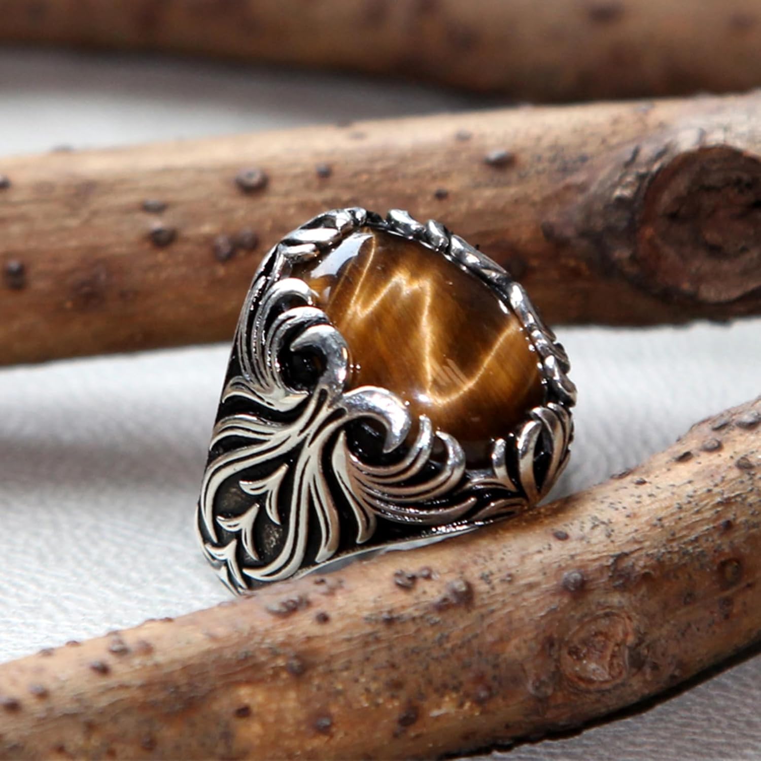 Solid 925 Sterling Silver Men's Ring Turkish Classic Vintage Set Brown Tiger Eye Men's Simple Jewelry - Image 4