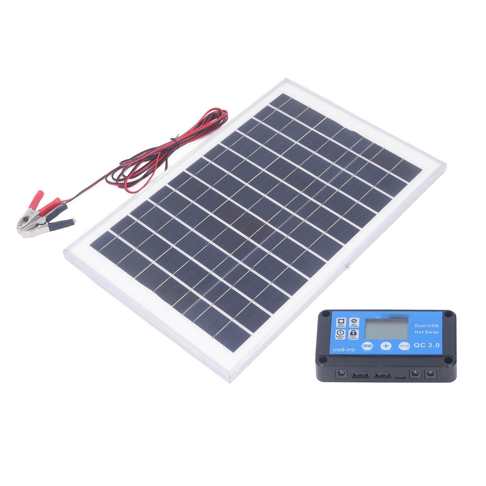 Kit Pannello Solare Auto, Kit Camper Batteria a Litio Caricatore e Pannello Solare 50W 18V con Regolatore di Carica Impermeabile Mppt Morsetto Batteria da 3 Metri, per Camper Rimorchio Barca