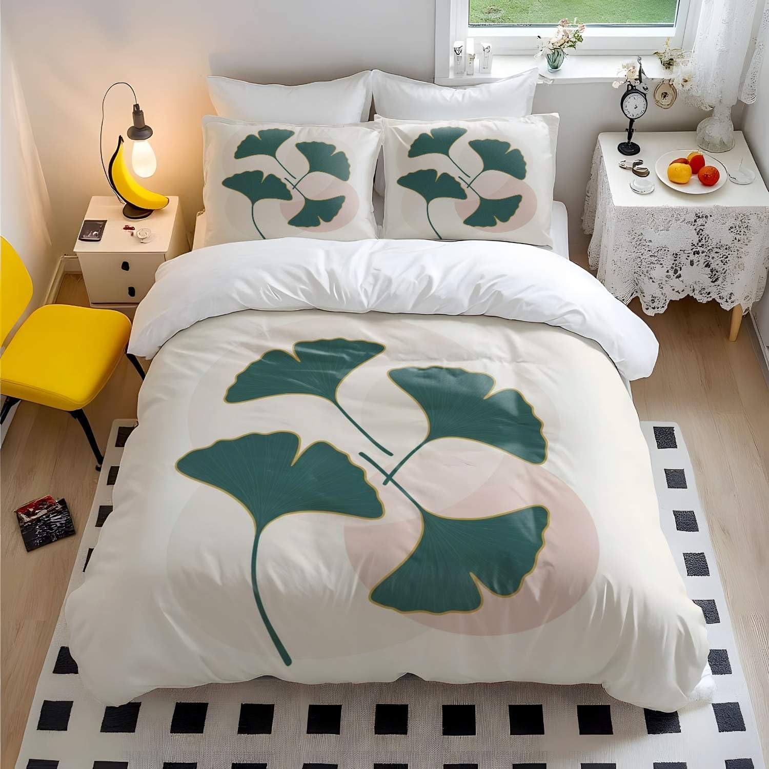 Parure de lit ginkgo vert et or pour créer une ambiance de chambre apaisante et lumineuse