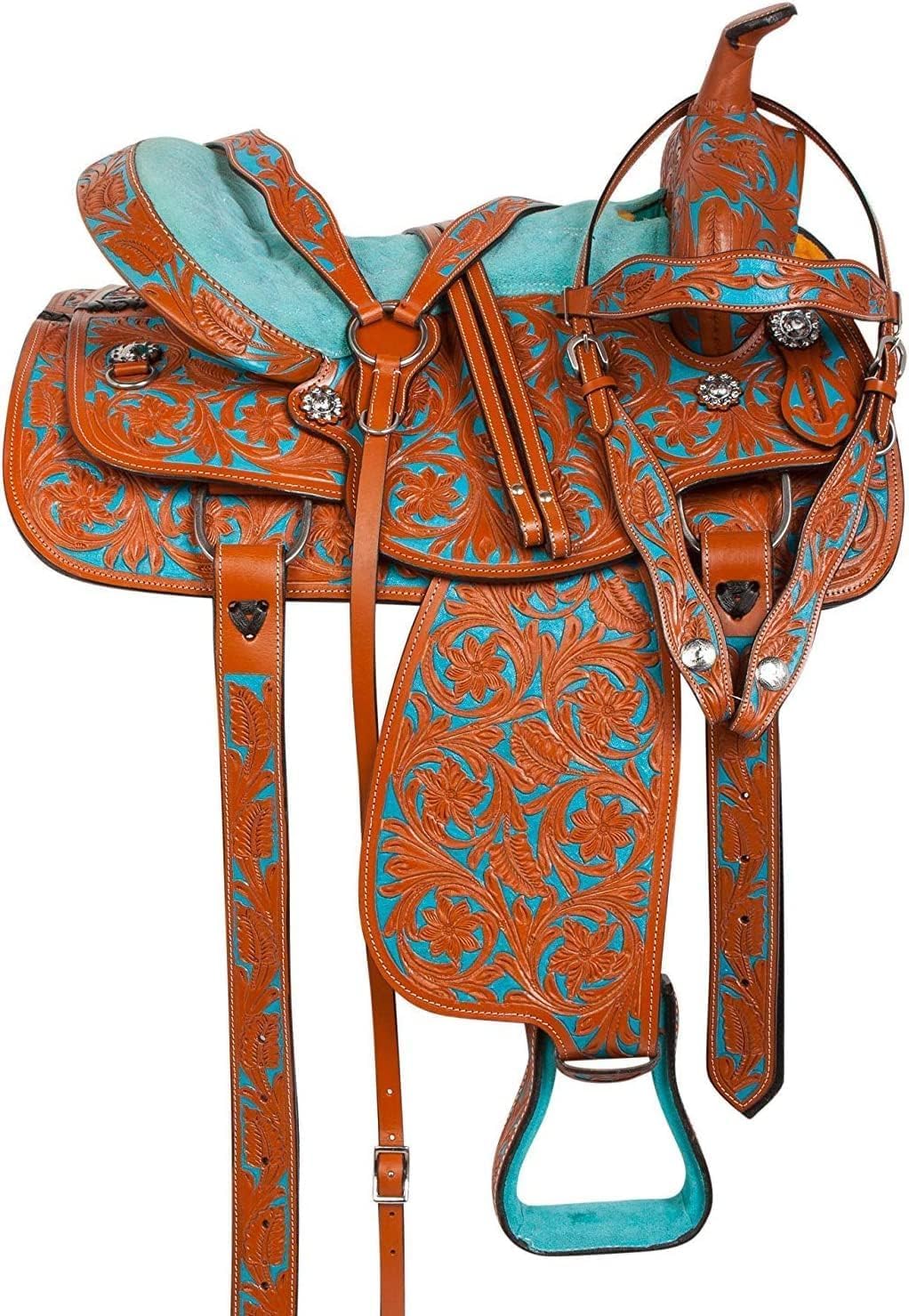 Set di sella per cavalli in pelle di alta qualità, stile western, dimensioni da 25,4 cm a 45,7 cm, colori a scelta (marrone con turchese, sedile da 45,7 cm)