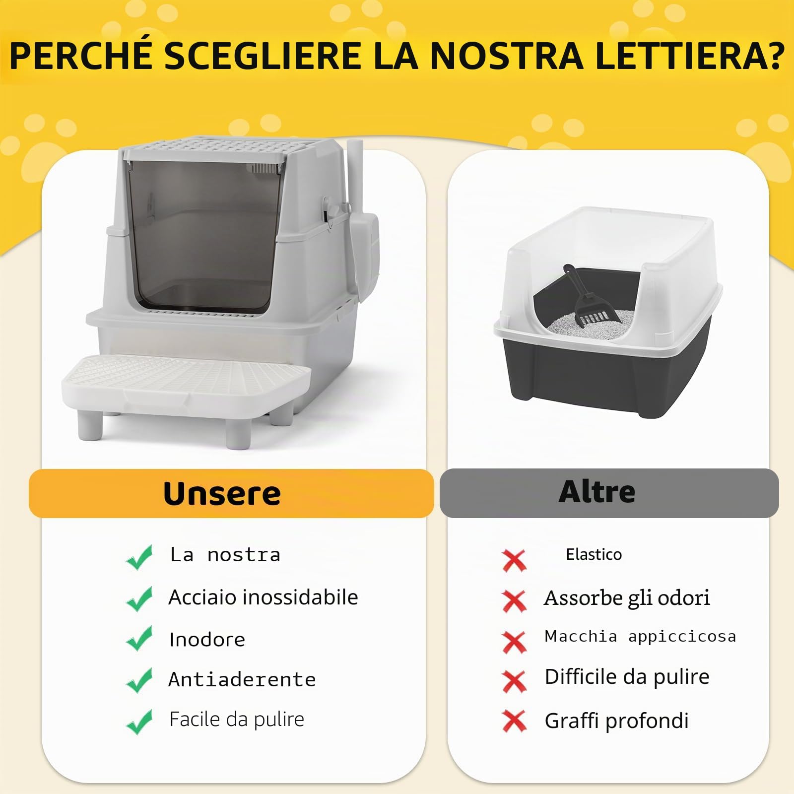 LEADZM Lettiera per gatti XXL - Casa di toilette per gatti chiuso, 60 x 40 x 46 cm, in acciaio inossidabile, coperchio rimovibile, paletta per lettiera e tappetino inclusi, colore: grigio