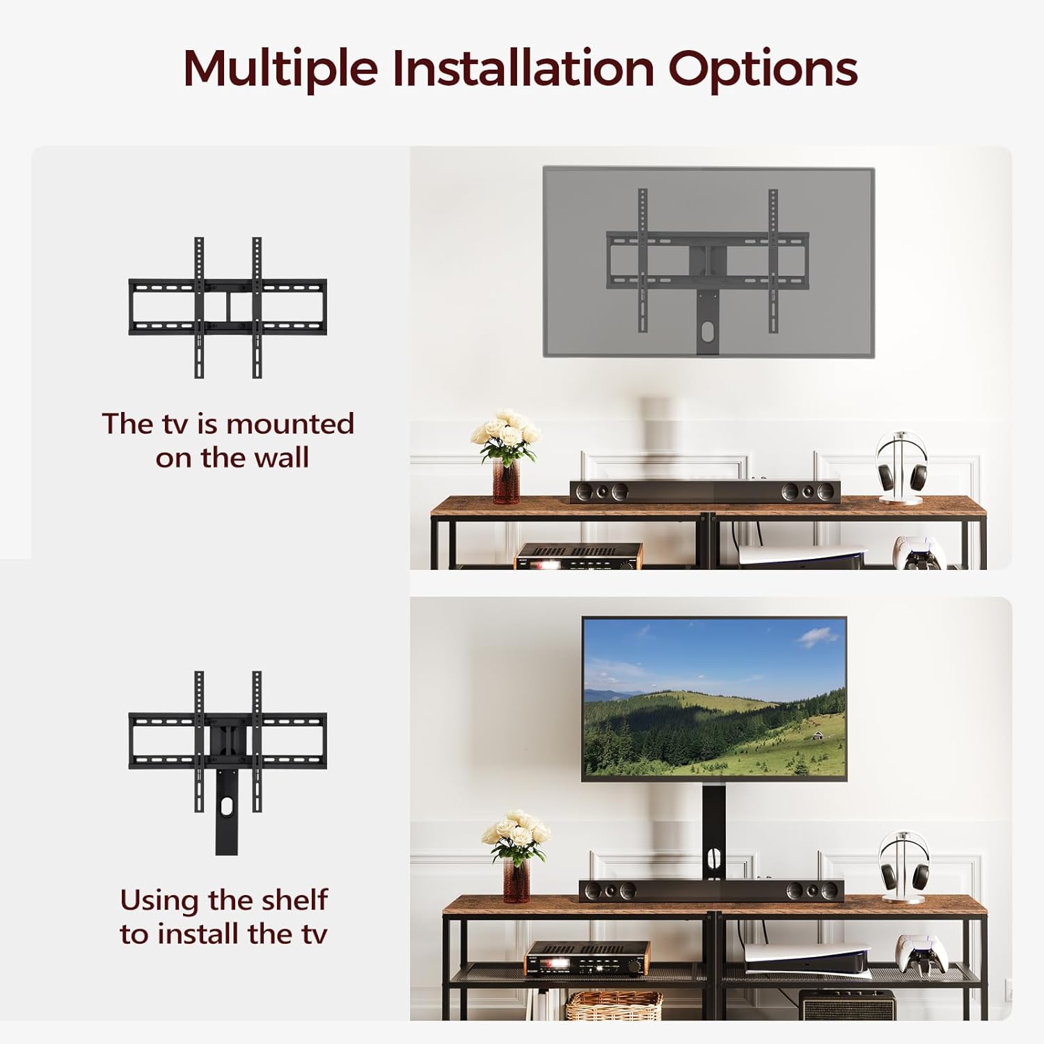 TV Stand with Mount and 4 Power Outlets 70.9", Entertainment Center Media Console, Swivel TV Stand Mount up to 80 inch TVs, Height Adjustable, Metal Frame for Living Room, Bedroom TVHR358E01