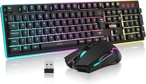 RedThunder K10 Wireless Gaming Keyboard and Mouse Combo, LED Backlit Rechargeable 3800mAh Battery, UK Layout Mechanical Feel Keyboard + 7D 3200DPI Mice for PC Gamer (Black)