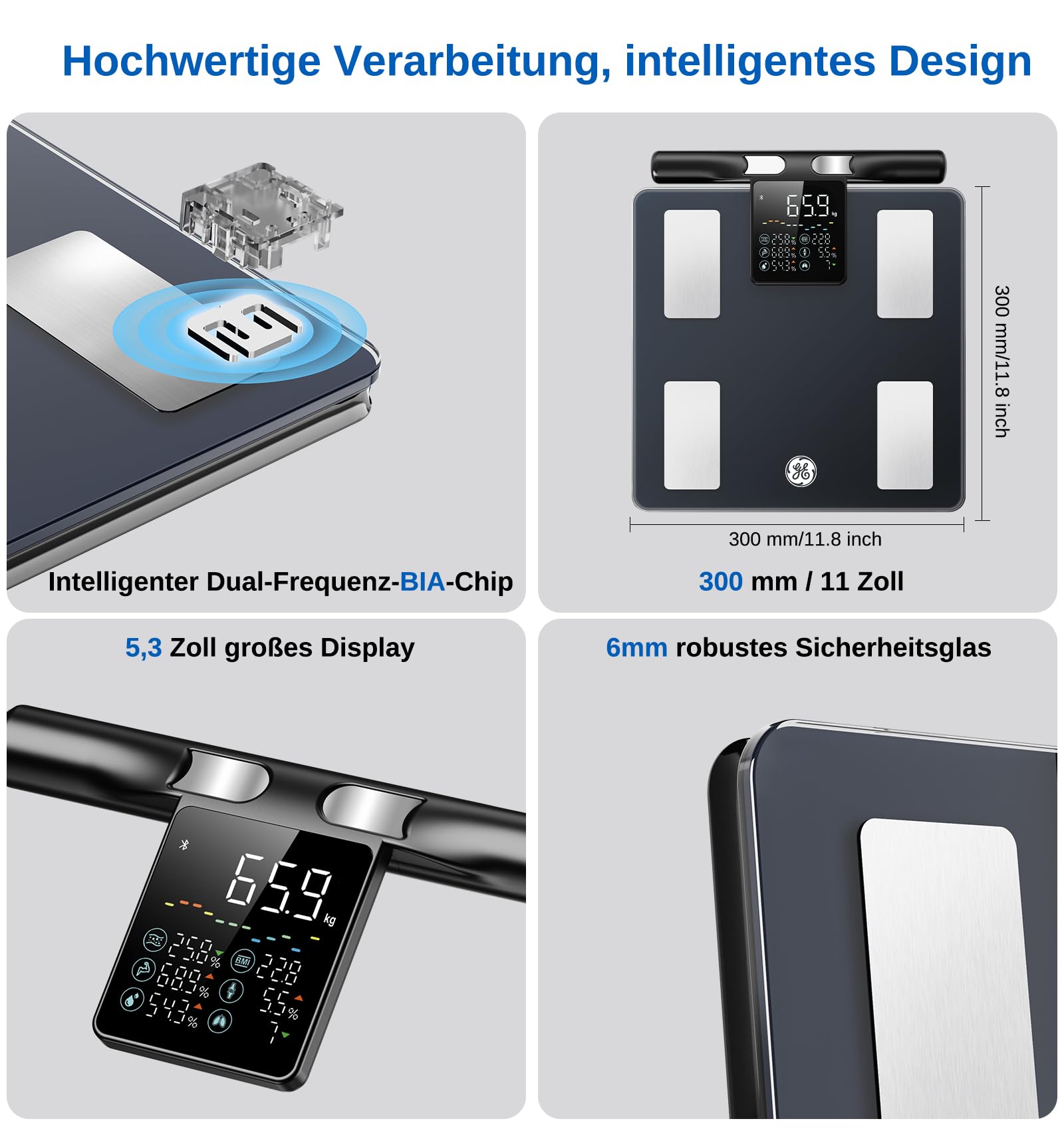 GE Körperfettwaage Digitale Waage Personen, 8 Elektroden Body Waage mit Körperfett und Muskelmasse, BMI, Analyse von 50 Körperparametern, Smart Personenwaage mit Bluetooth 180 kg Black