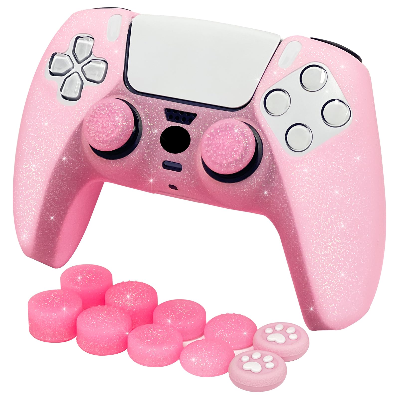 Pink Glitter Anti-Slip Protective Silicone Cover Skin Grips Compatible with PS5 Slim Pro Controller 8 PCS Glitter Thumb