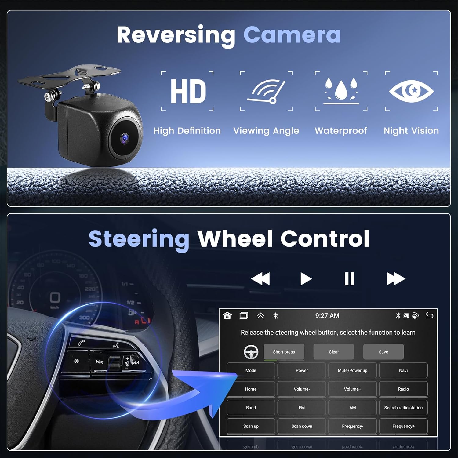 Image showing the Steering Wheel Control (SWC) learning interface on the Roinvou car stereo, with a diagram of a steering wheel and buttons for various functions like volume, mode, and navigation.