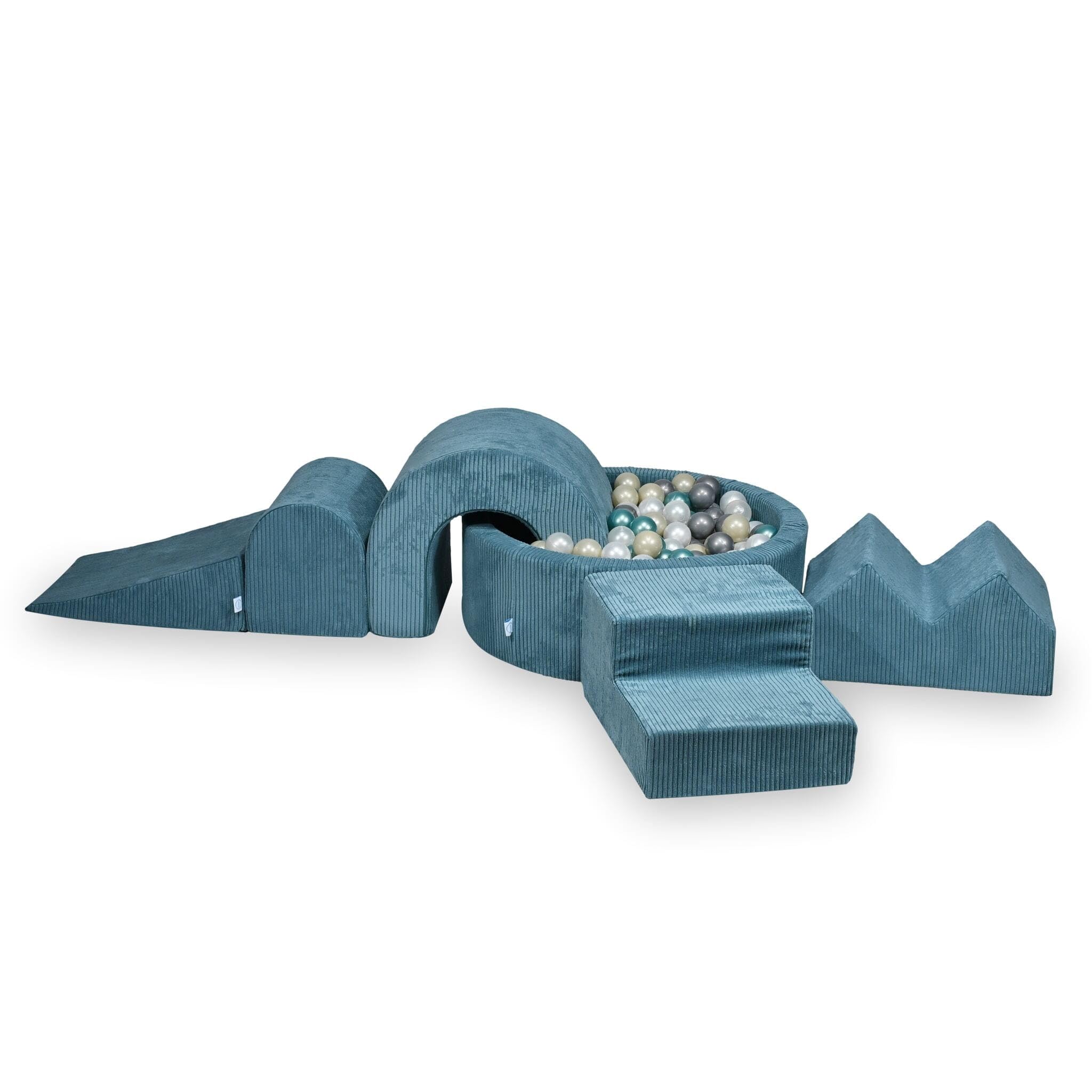 Mimii Parco giochi in gommapiuma con piscina di palline rotonda, 90 x 30 cm, corduroy, blu, 5 elementi, giocattolo da arrampicata, per bambini e neonati, con 200 palline: perla, argento, oro chiaro