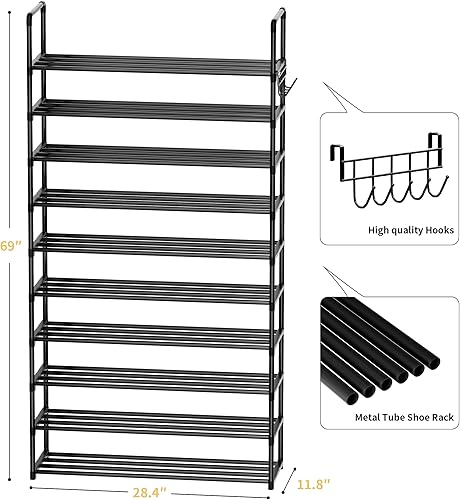 Miniatura 3 de Zapatero, organizador de almacenamiento de zapatos de 10 niveles con ganchos, se adapta a 40-45 pares de zapatos, estante alto de metal para