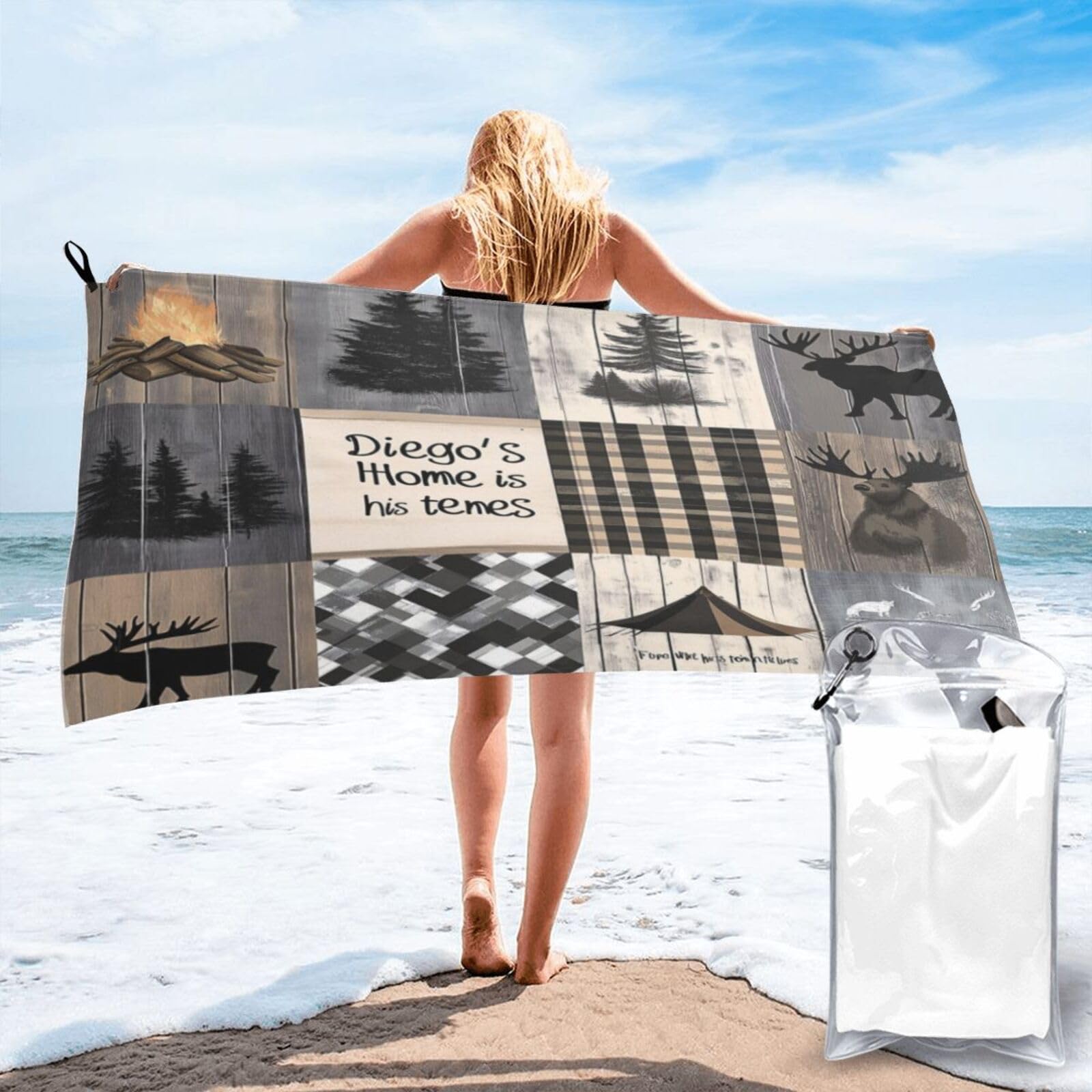 Anceky Digital Collage of Rustic Winter Home Themes Quick Dry Microfiber Travel Towel with Carry Case and Carabiner 27.5"X55"
