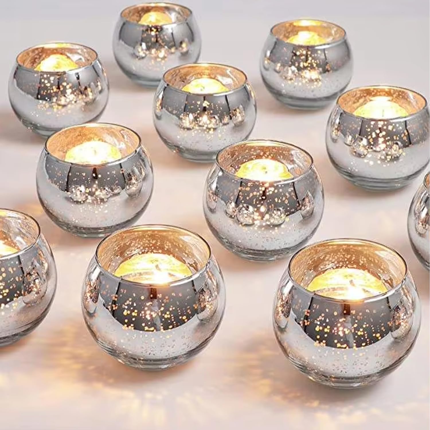 12pcs Tealight Candle Holders, Round Mercury Glass Votive Candle Holders,for Table Centerpieces, Weddings, Rehearsal Dinners, Halloween & Thanksgiving Decorations Indoor (Silver)