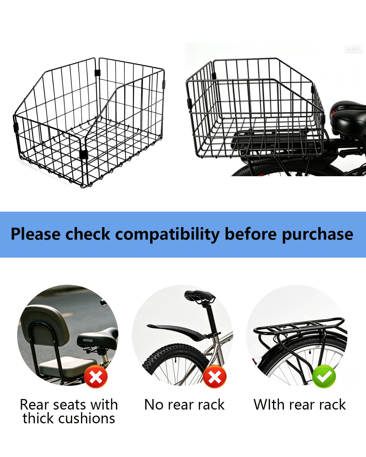 Cestino per Bicicletta Posteriore Portapacchi, Cestino Bici | in Metallo, 40 x 31 x 26 cm, Accessori Bici con Fodera in Similpelle PU Removibile, Rete e Copertura, Nero