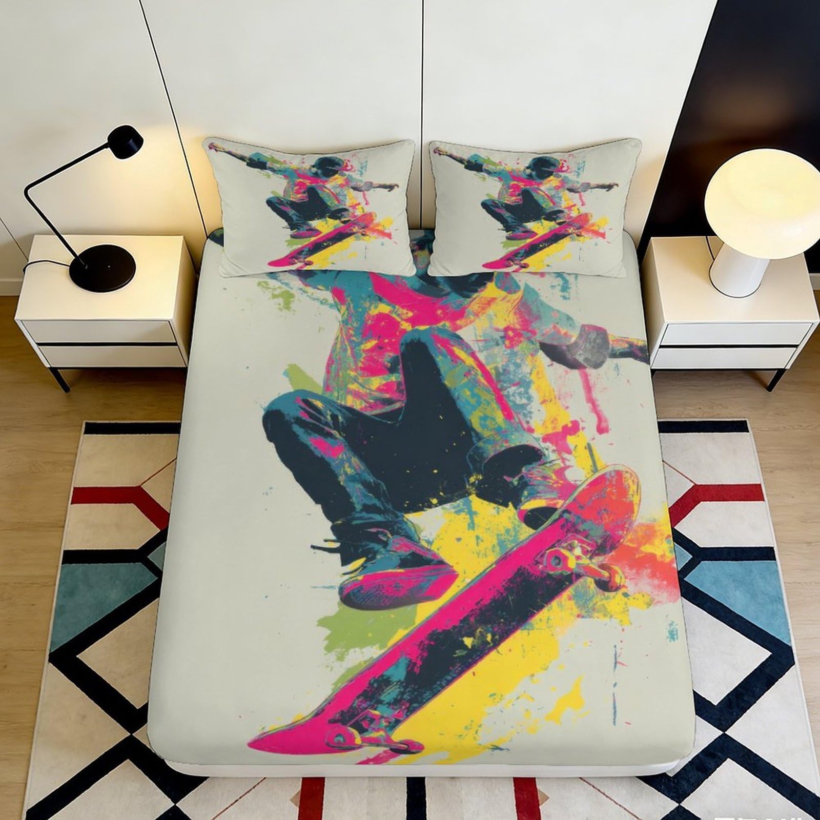 3D Printed Graffiti Skateboard Fitted Sheet Microfiber Colourful Urban Bed Cover for Bedroom Dorm Mattress Decor 90x200x25cm