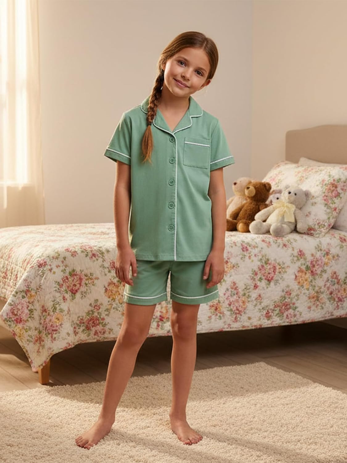 GUISBY Kids Rayon of Bamboo Pajamas Set Short Sleeve Button Top | Soft Rayon of Bamboo Pajamas Set, Breathable Sleepwear, Lightweight Comfort, Kids Loungewear, All Season Wear