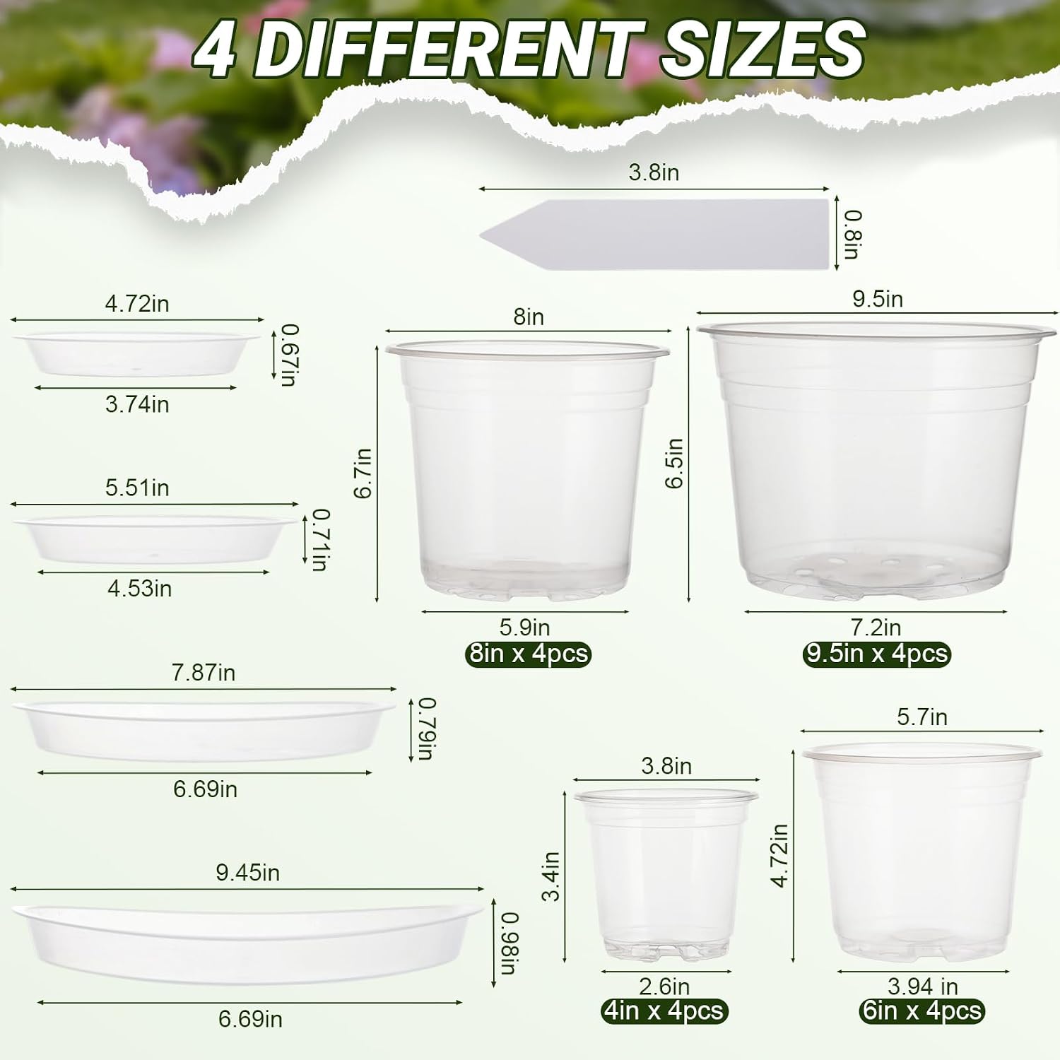 16 Pack 4/6/8/10 Inch Clear Nursery Pots with Saucer, Clear Plant Pots with Drainage Hole & Plant Tags, Transparent Plastic Pots for Plants Flowers Succulents Indoor Outdoor Seedling Starter