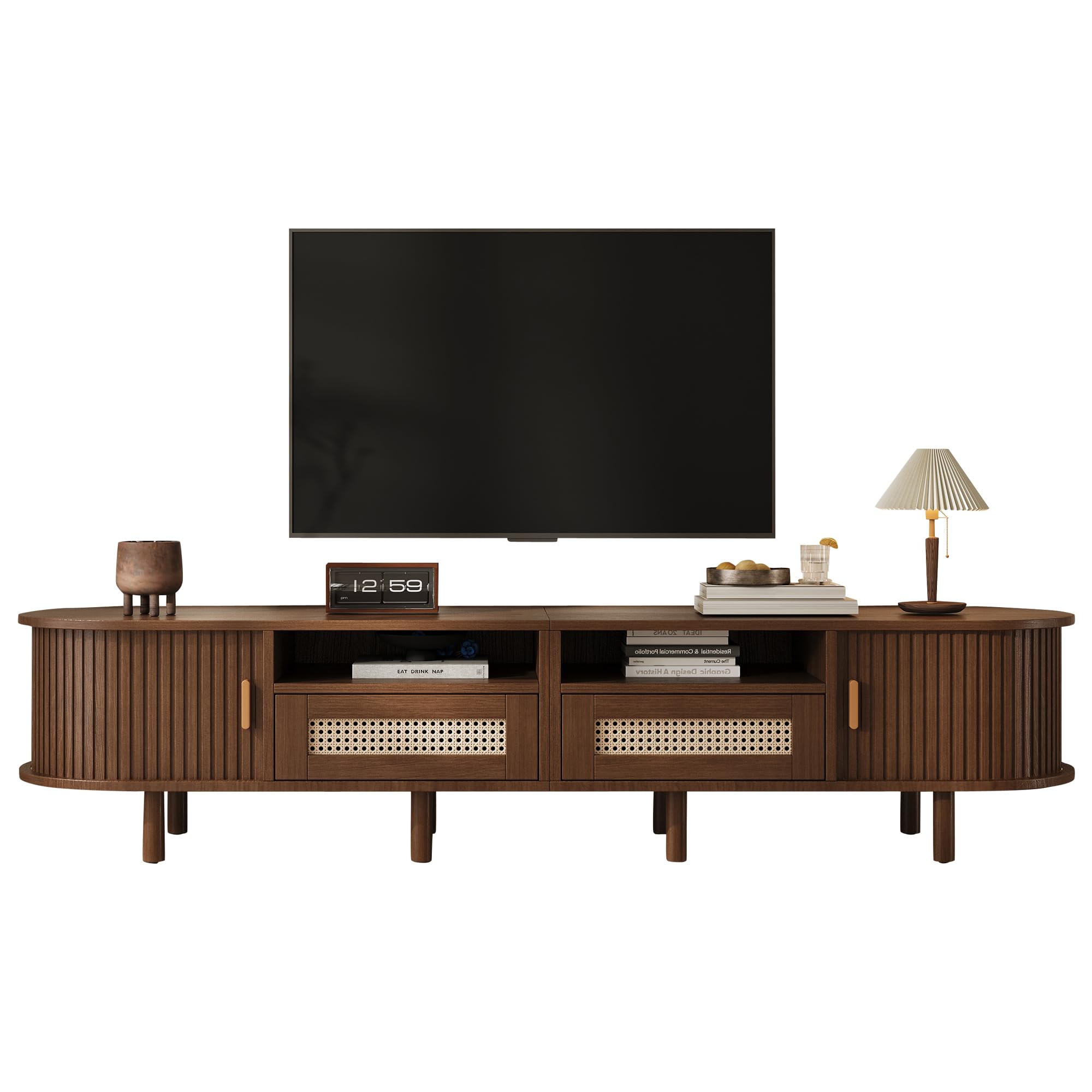 Meuble TV, meuble TV bas avec 2 tiroirs en rotin et 2 portes coulissantes, pour télévision et appareils multimédias, pour armoires de salon de 190 cm, pour salon, salle à manger, chambre à