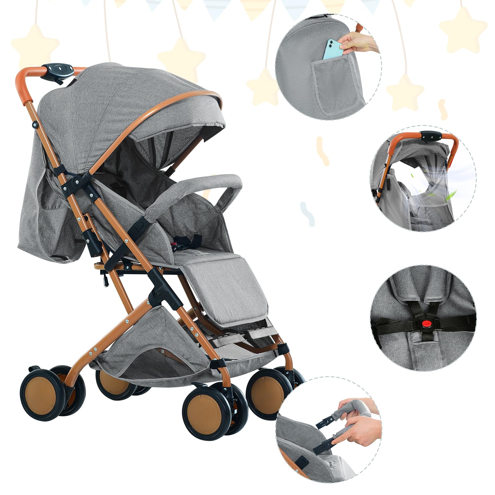 Passeggino Canne, 0-4 anni, 0-22 kg, passeggino leggero e compatto, schienale reclinabile, imbracatura a 5 punti, pieghevole Pousette da viaggio con baldacchino e zanzariera, ruote antiscivolo