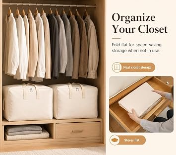 DoYiKe Soft Canvas Clothes Storage Bags with Four Carrying Handles and Clear Window, Closet Organizer for Clothing, Blankets Sheets and Bedding, 55L, Beige