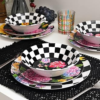 LEHAHA Sunflower 12-Piece Melamine Dinnerware Set Include Plates/Dishes and Bowls, Service for 4, BPA Free and Unbreakable Black Plaid Floral Dish Set for Indoor and Outdoor Use…