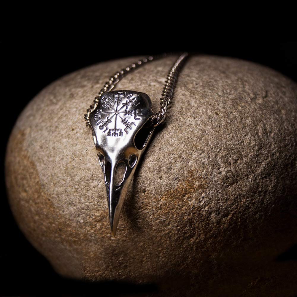 QZY Odins Raven Skull Necklace with Viking Compass, Runic, Silver Pagan Norse Mythology Jewels Gifts
