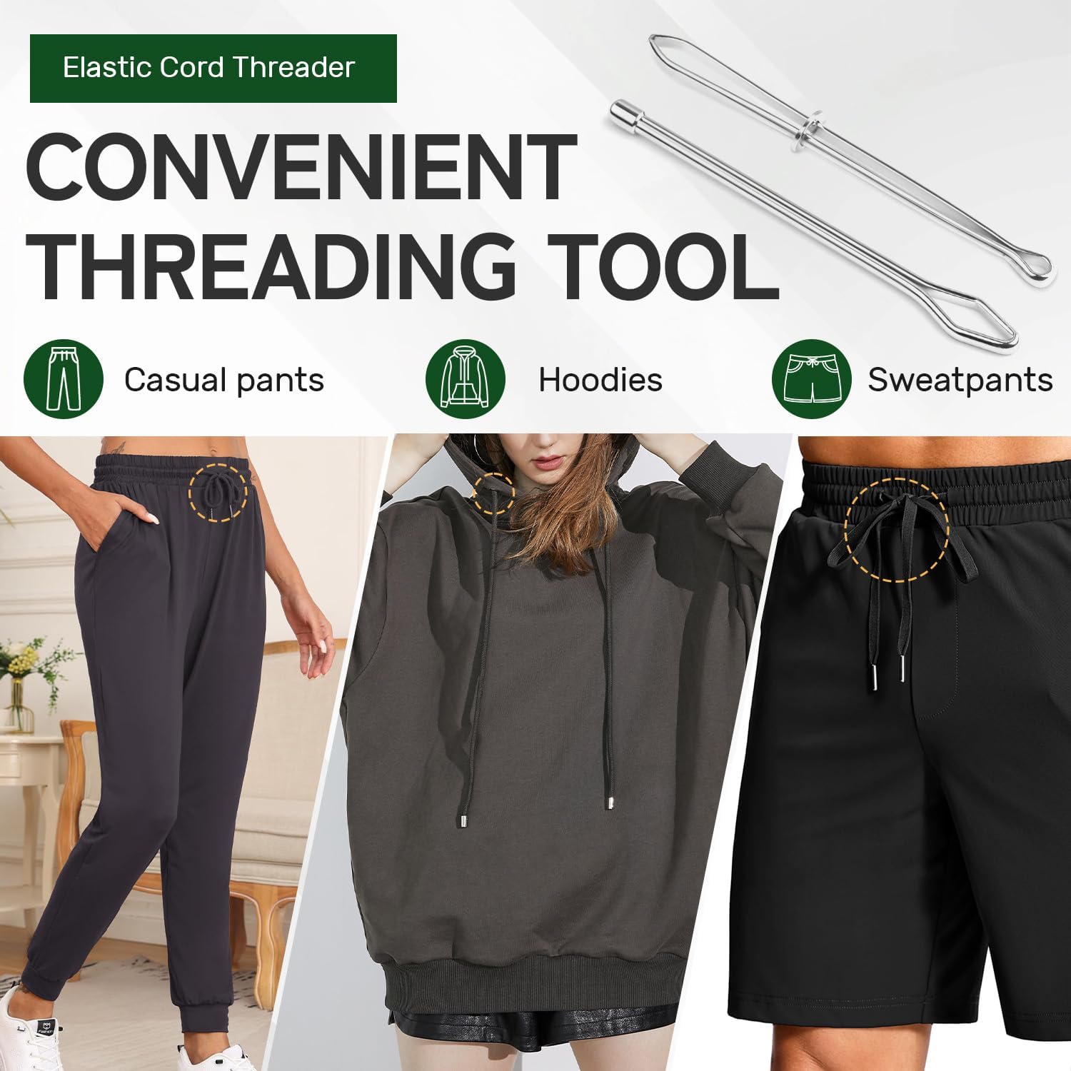 Upgraded 2PCS Drawstring Threader Tool - Stainless Steel Easy Pull Rope Threader with Tweezers for DIY Sewing Craft, Fix Broken Drawstrings in Hoodies Pants Sweaters Jackets (2 Pcs)