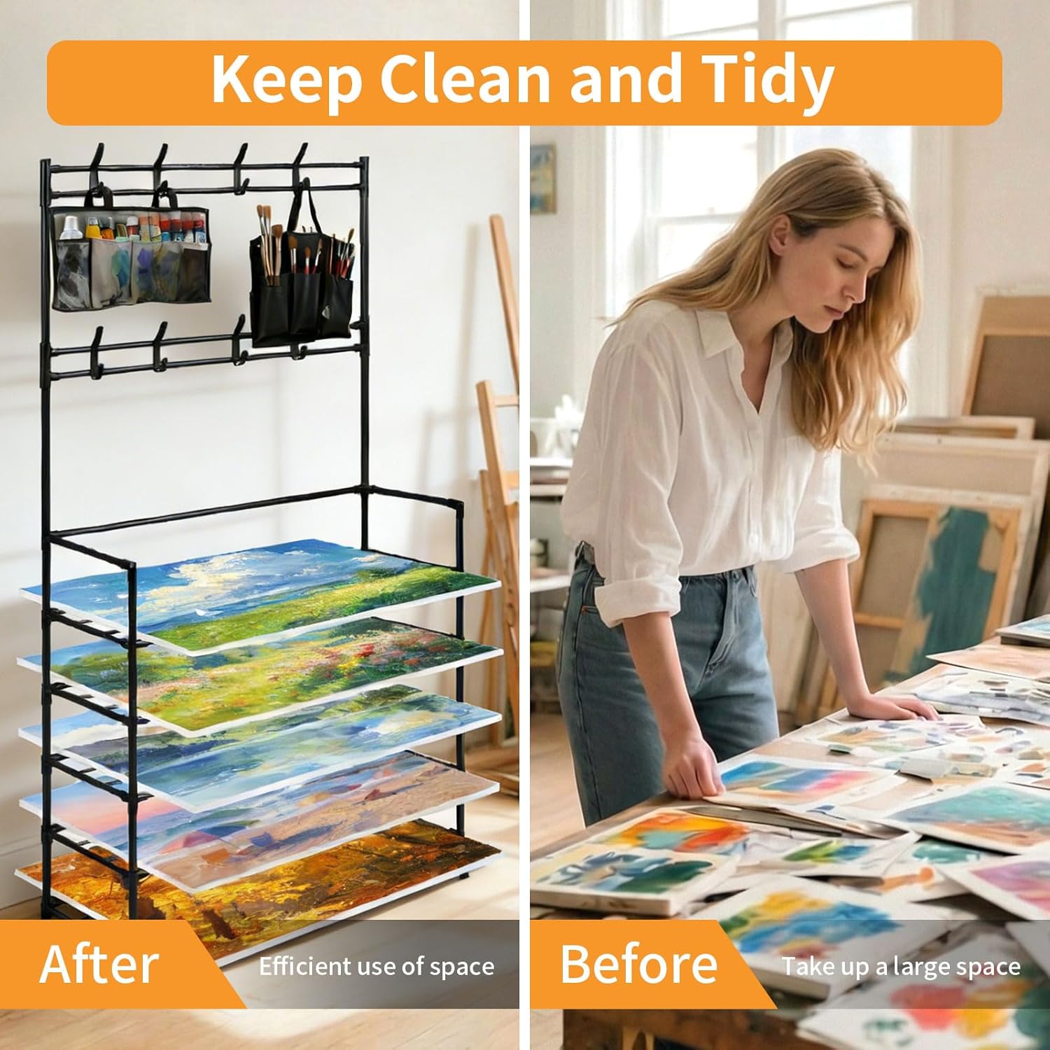 Art Drying Rack for Classroom, Large 5-Tier with Hooks, Canvas Storage and Painting Tools Organizer, 31.5 x 10.24 x 66.73 Inches, Black
