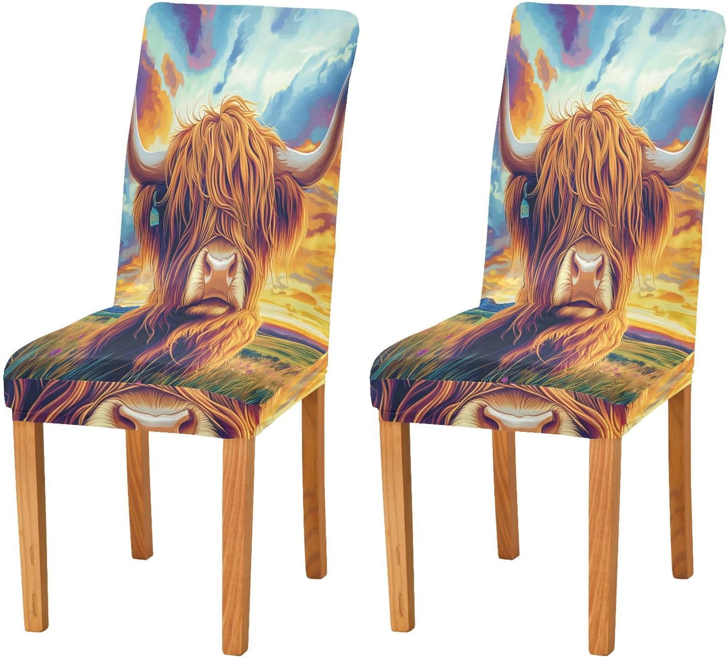 ALAZA Chair Covers for Dining Room, Vibrant Highland Cow Stretch Chair Cover Sets Chair Protector Removable Washable for Ktichen Restaurant Hotel
