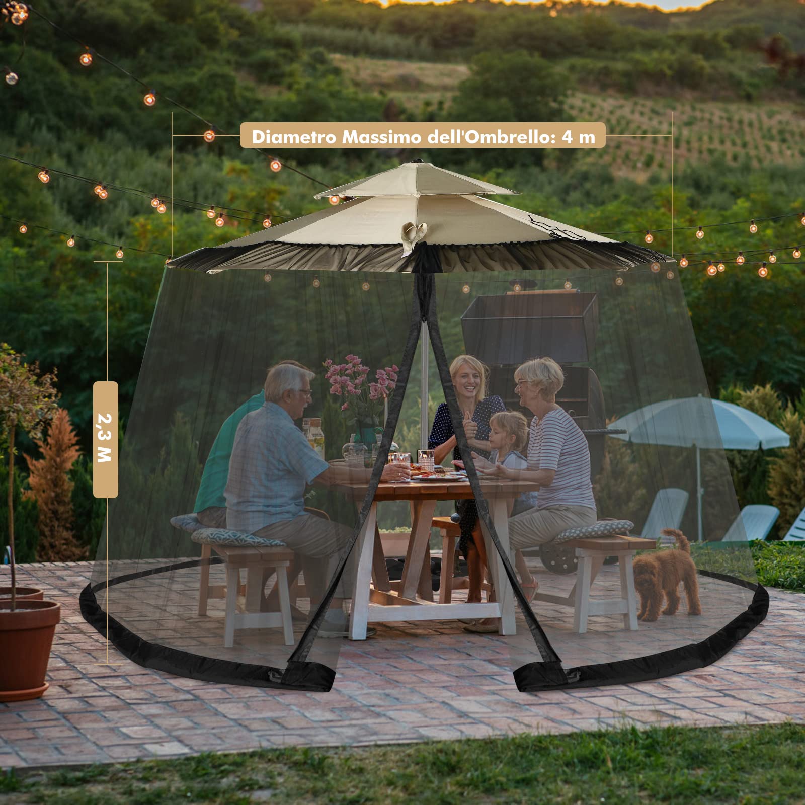 COSTWAY Zanzariera per Ombrellone da Esterno, Zanzariera Regolabile da Patio con 2 Porte a Doppia Cerniera, Rete per Copertura Ombrellone, 12,5 x 2,3 m
