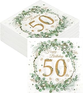50th Birthday Napkins, Pack of 40 Napkins Eucalyptus Birthday, Paper Napkins, Green Gold, 50 Birthday Napkins for Men, Women, Party Table Decoration (33 x 33 cm)