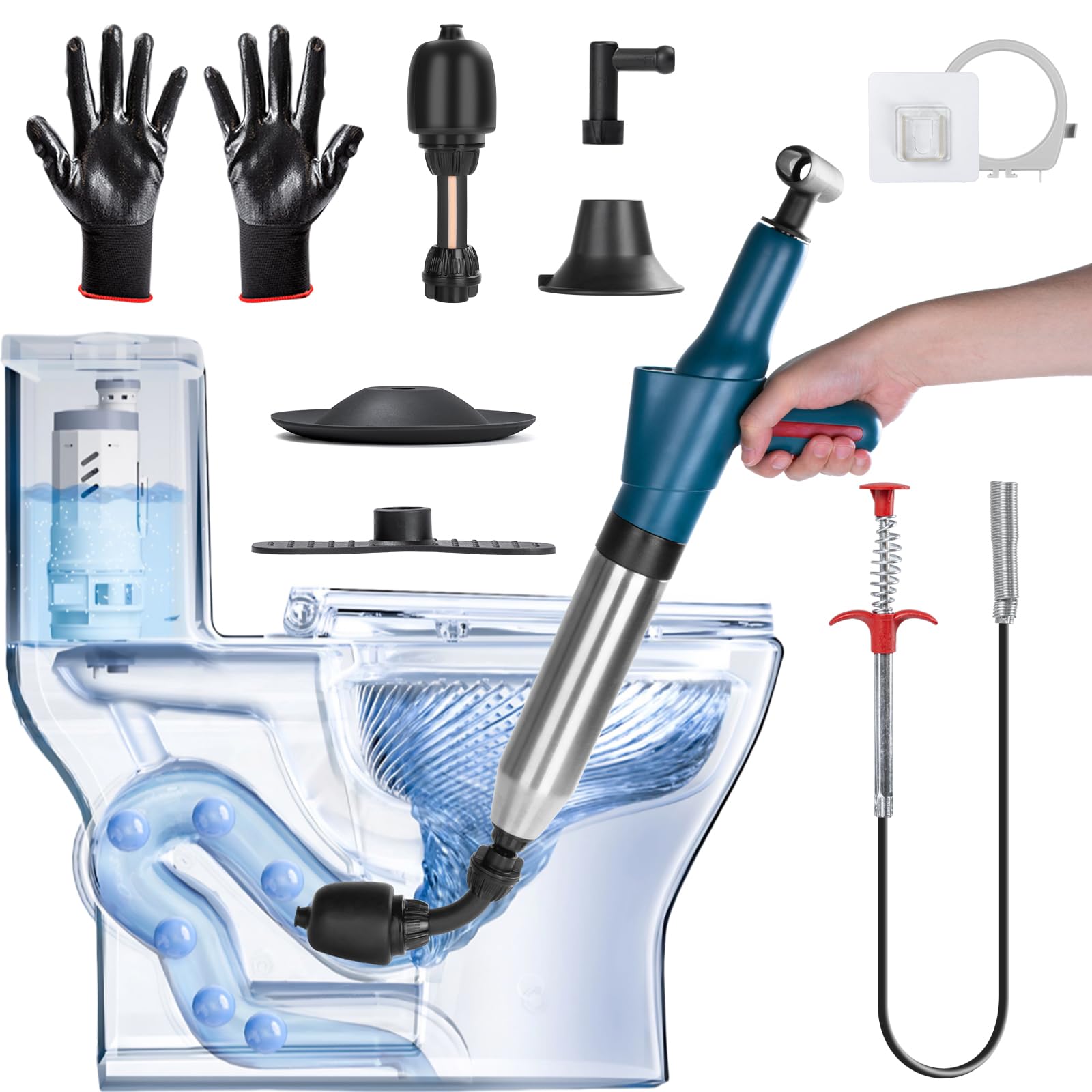 Déboucheur de canalisations à air comprimé, pompe avec indicateur de pression d'air, pompe de nettoyage de canalisations à air comprimé avec 4 ventouses, gants et pince à griffes, pour WC, toilettes