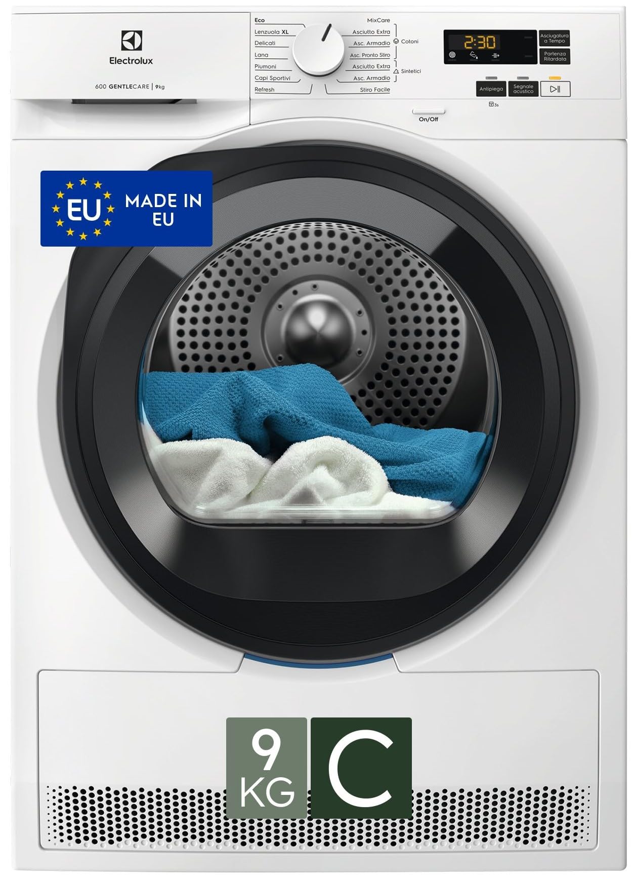 Electrolux Serie 600 GentleCare, Asciugatrice a Pompa di Calore, 9 kg, EW6HCH19G, 14 Programmi, Tecnologia MixCare e SensiCare, Funzione Antipiega, 64 dB, Filtro EcoFlow, 850x596x636 mm