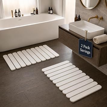 Foldable Stone Bath Mat Large 30" x 17" Diatomaceous Earth Quick Drying Non-Slip Bathroom Mat Super Absorbent Mat, Durable & Easy to Clean, Modern 2 Pack, White, Large 30" x 17"