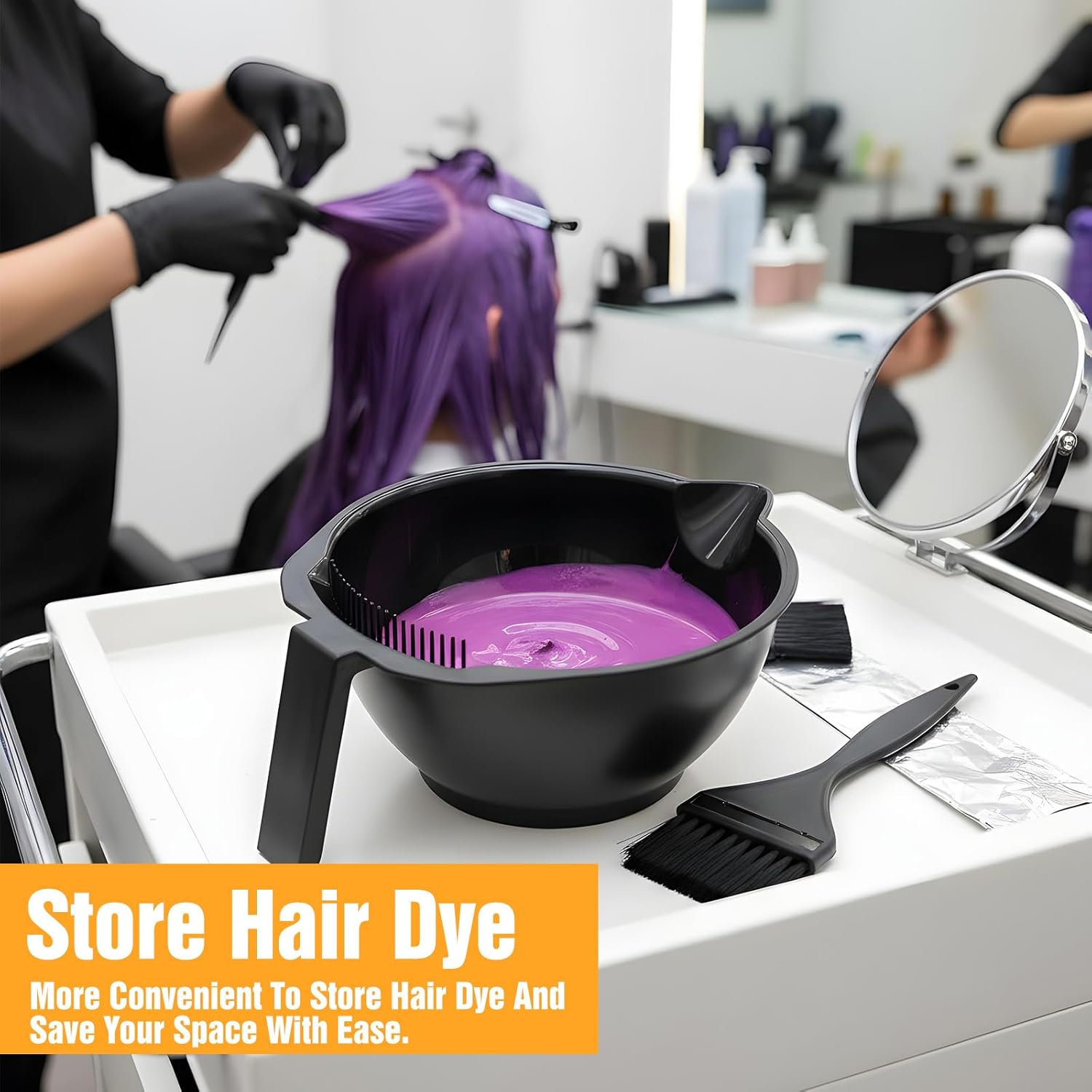 Hair Dye Bowl Set - 6 Black Hair Color Mixing Bowls with Measurements, Pour Spout, Handle & Combed Edge - Reusable Salon Hair Coloring Bowls for Professional or Home Use