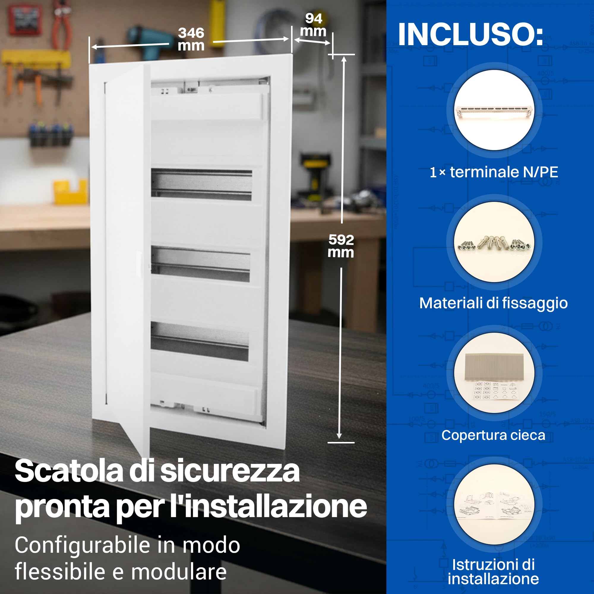 Intratec Quadro Elettrico da Incasso 3 File – Centralino di Distribuzione IP40 per 36 Moduli con Porta Metallica Bianca e Guida DIN per Impianti Elettrici Interni – 346 x 94 x 592mm