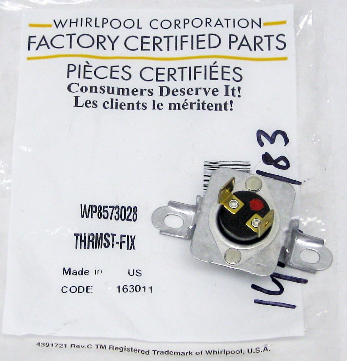 Whirlpool 8573028 Fixed Thermostat For Dryer