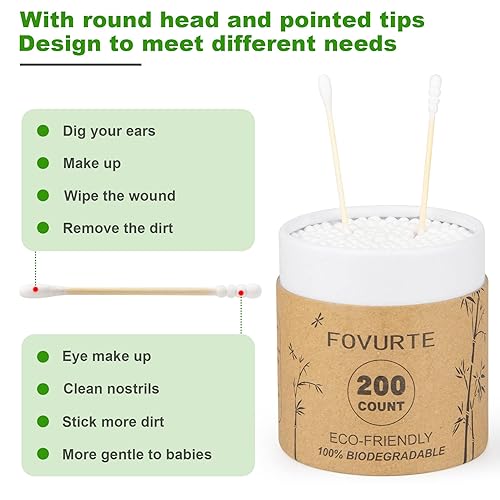 Miniatura 3 de Hisopos de algodón de bambú, 400 unidades, hisopos de algodón de doble qTips en espiral y redondos, capullos de algodón de madera orgánica para