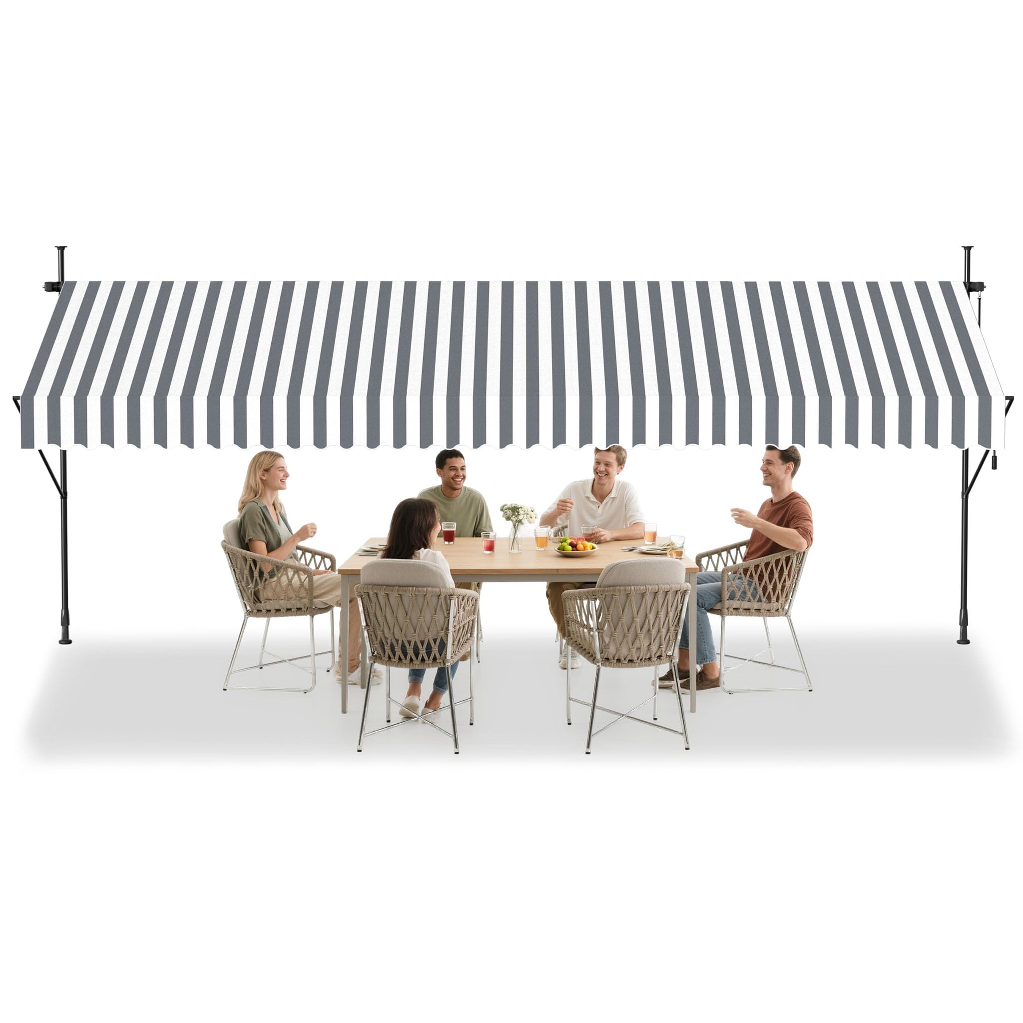 Yunvin Clamp Awning with Hand Crank, 400 x 120 cm Retractable Balcony Manual Awning, No Drilling Awning Sun Protection UV-Resistant Height-Adjustable for Garden Patio Balcony, Grey and White Stripes